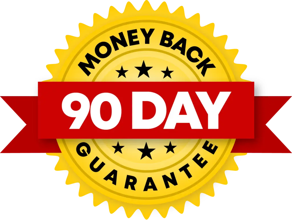 Gold and red badge displaying a 90-day money-back guarantee, ensuring customer satisfaction and risk-free purchasing.