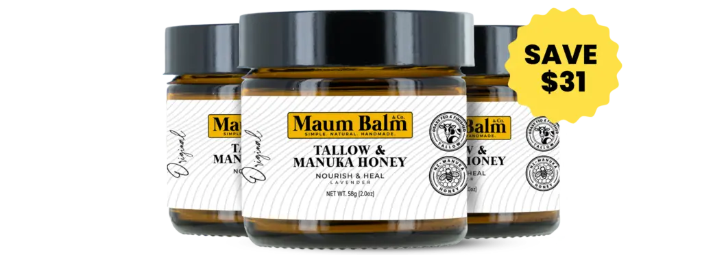 Three jars of Maum Balm Tallow & Manuka Honey with a yellow badge displaying 'Save $31,' promoting a discounted skincare bundle.