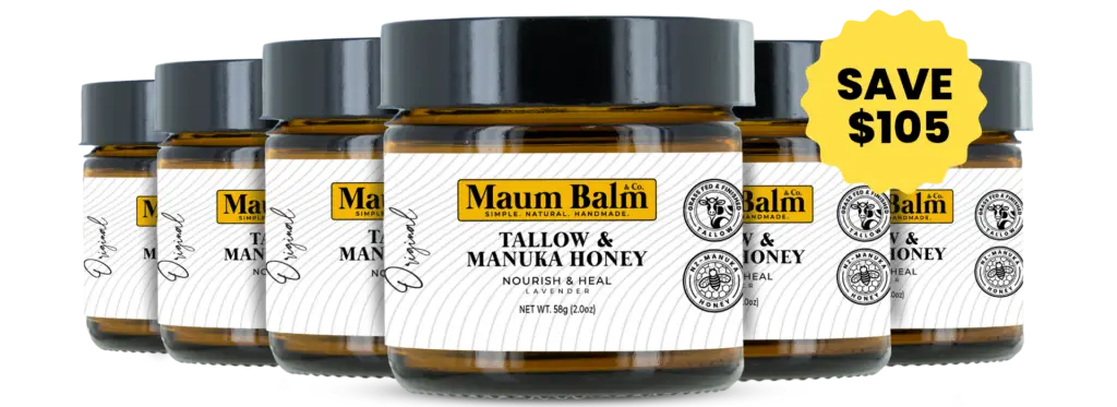 Six jars of Maum Balm Tallow & Manuka Honey stacked together with a yellow badge displaying 'Save $105,' highlighting a discounted skincare bundle.