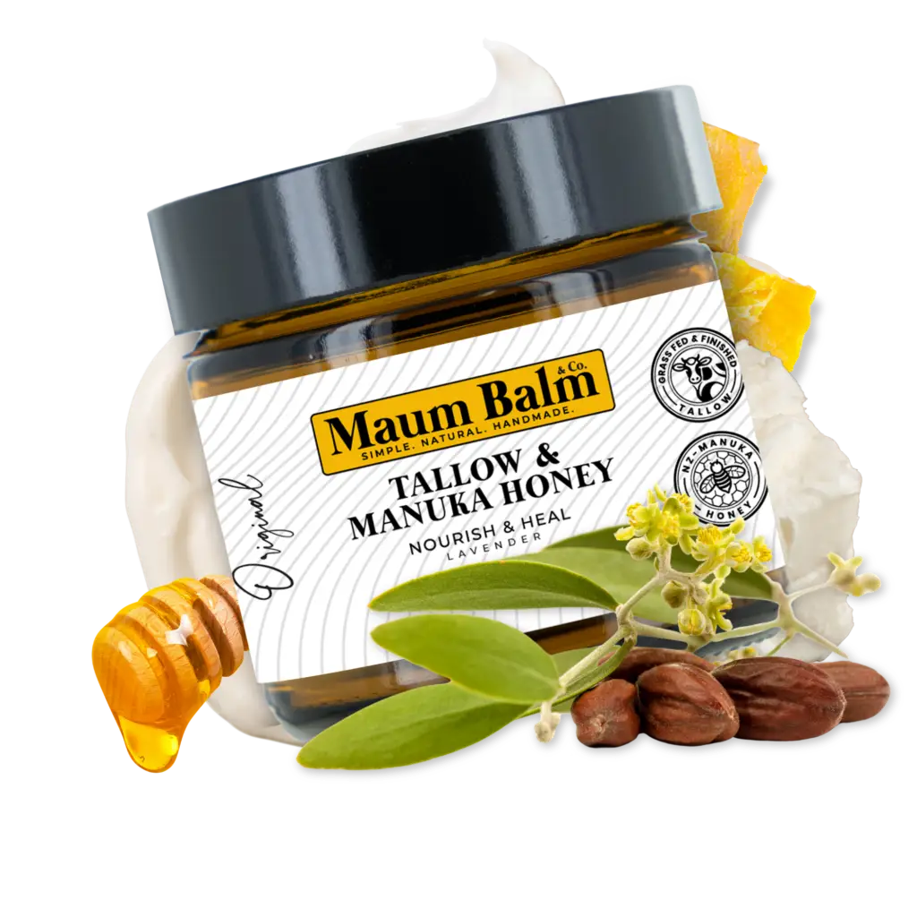 Maum Balm Tallow & Manuka Honey jar surrounded by key natural ingredients, including honey, jojoba, beeswax, and botanical extracts for deep hydration and skin nourishment.